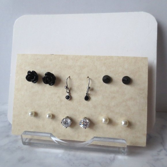 Bundle of Six Earrings S6 Black Camelia Rose Pearl and Faux Diamond Studs - Picture 1 of 5
